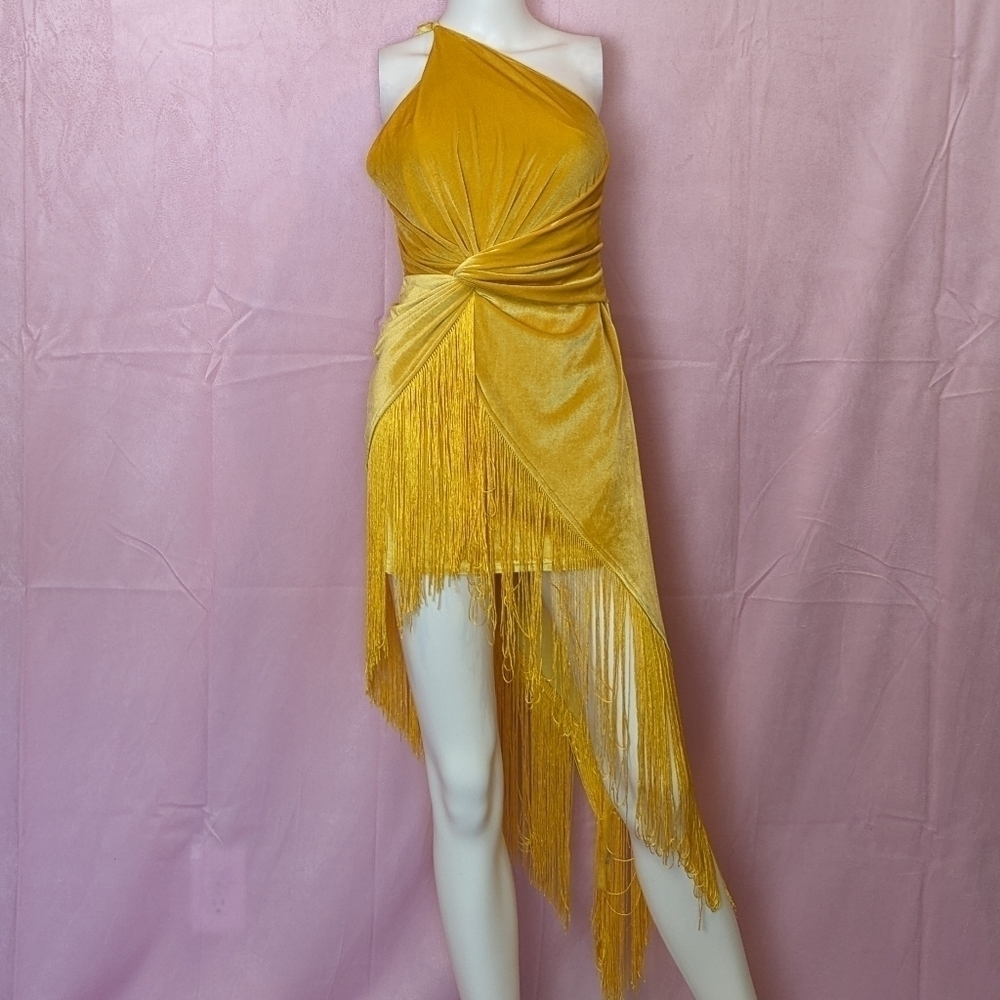 Golden Yellow Velvet One Shoulder Twist Front Fringe Hem Mini Dress size Large